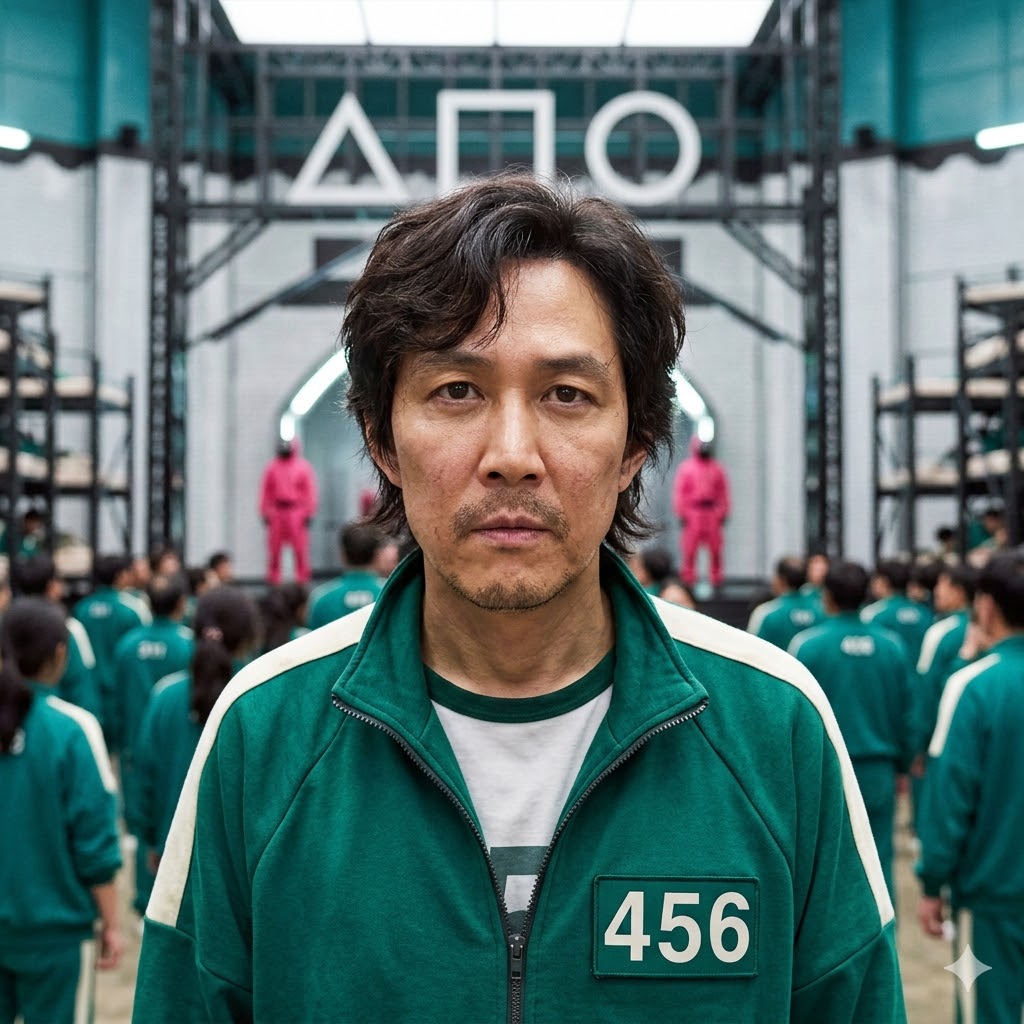 O protagonista de Round 6, vestindo o agasalho 456, encara 
                            a câmera em destaque enquanto é cercado por uma multidão de jogadores uniformizados e guardas 
                            mascarados sob uma estrutura com os símbolos geométricos da série.